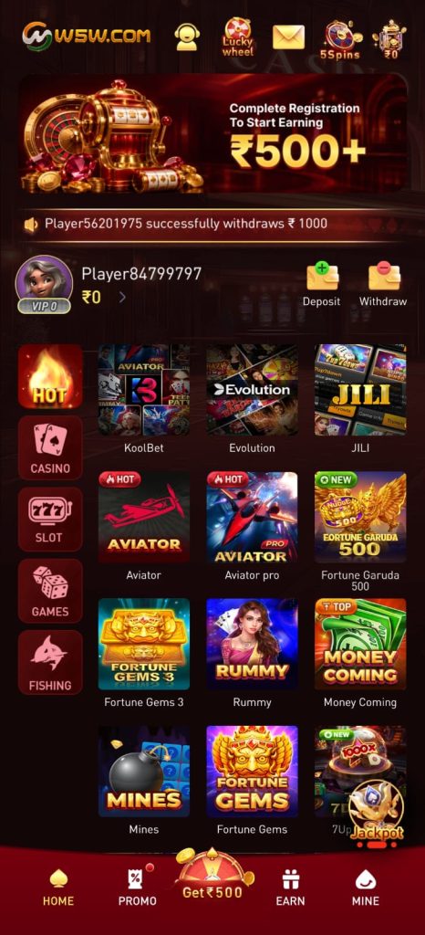 W5W Game homepage showing casino, slots, Aviator and gaming categories