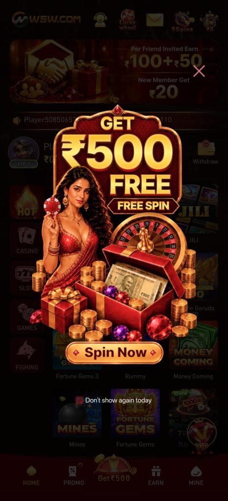 W5W Game promotional screen showing ₹500 free spin offer